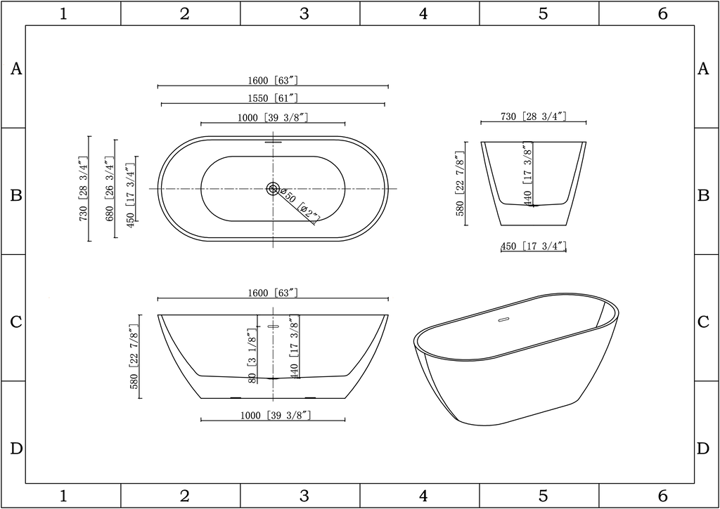 KBV 63'' x 31" Freestanding Soaking Acrylic Bathtub BT0023