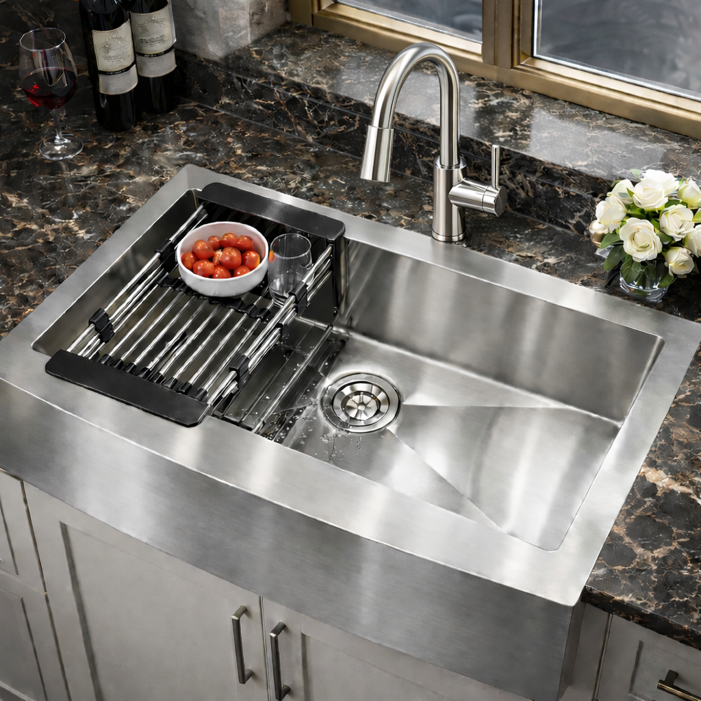 KBV 30 in. x 18 in, Farmhouse Apron-Front Single Bowl 18 Gauge Brushed Stainless Steel Kitchen Sink with Accessories KBV0001