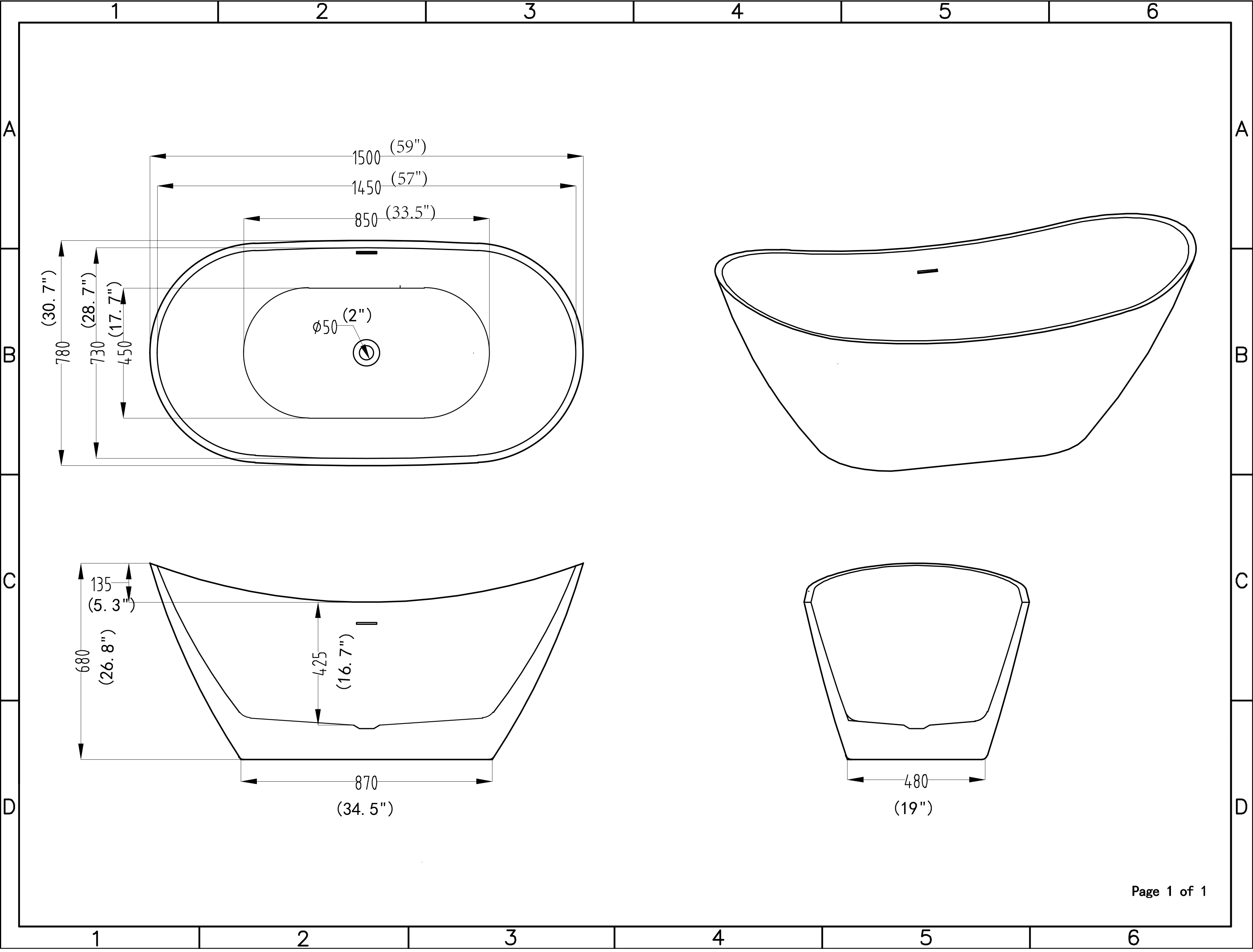 KBV 59'' x 31" Freestanding Soaking Acrylic Bathtub GTBT0014
